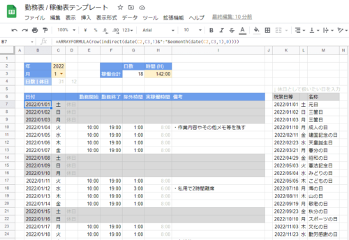 スプレッドシート版 勤務表・稼働表テンプレートとその作り方